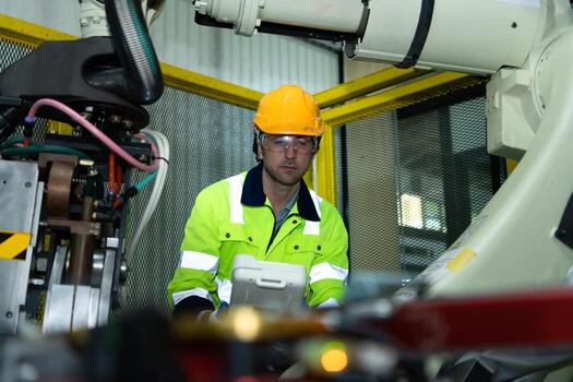 A big welding robot is being inspected and controlled by a robotics engineer. After the machine has been used for the specified amount of time. photo
