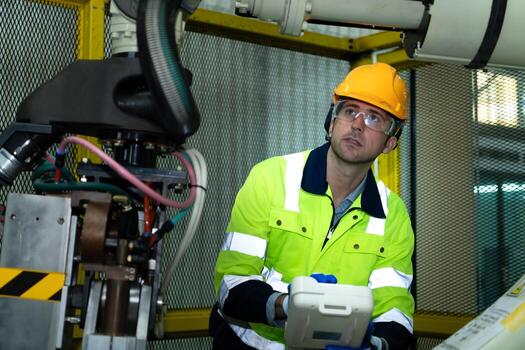 A big welding robot is being inspected and controlled by a robotics engineer. After the machine has been used for the specified amount of time. photo