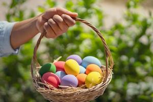 easter painted eggs in basket hand holding on green background photo