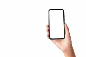 hand holding blank screen mobile phone isolate on white background photo