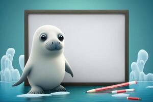 3D cute seal cartoon and blank whiteboard. photo