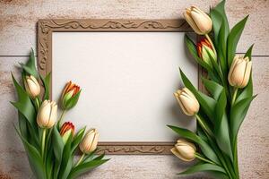 Small tulips greeting card in little border of blank backboard. photo