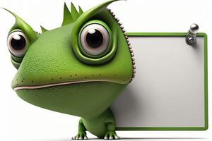 3D cute chameleon cartoon and blank whiteboard. photo