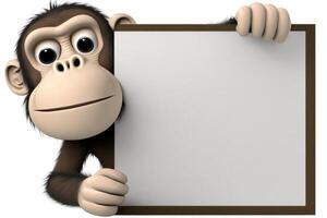 3D cute chimpanzee cartoon holding blank whiteboard. photo