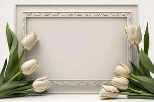 Small tulips greeting card in little border of blank backboard. photo