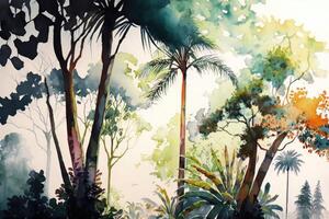 Tall tropical trees watercolor painting. photo