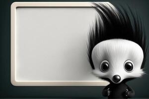 3D cute skunk cartoon and blank whiteboard. photo
