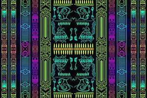 Ethnic ikat egyptian hieroglyphs pattern glow in the dark background. Abstract traditional folk antique tribal graphic line ornate elegant luxury. Texture textile fabric egyptian patterns vector. vector