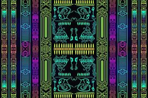 Ethnic ikat egyptian hieroglyphs pattern glow in the dark background. Abstract traditional folk antique tribal graphic line ornate elegant luxury. Texture textile fabric egyptian patterns vector. vector