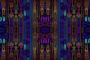 Ethnic ikat egyptian hieroglyphs pattern glow in the dark background. Abstract traditional folk antique tribal graphic line ornate elegant luxury. Texture textile fabric egyptian patterns vector. vector