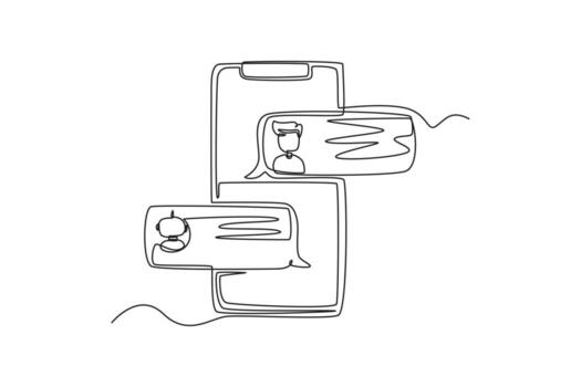 Single one-line drawing a man chatting with a robot through a smartphone. Chatbot concept continuous line draw design graphic vector illustration