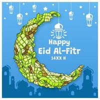 Hand Drawn Ketupat Forms a Crescent Moon as a Greeting for Happy Eid Al-Fitr Illustration vector