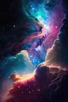 Abstract outer space endless nebula galaxy background. Large view of a colorful dark nebula in space. Cosmic background with bright shining stars, galaxies, and a deep universe. photo