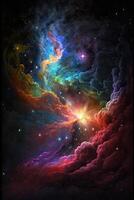 Abstract outer space endless nebula galaxy background. Large view of a colorful dark nebula in space. Cosmic background with bright shining stars, galaxies, and a deep universe. photo