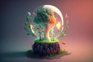 3D environment and Earthday concept. the lightbulb has a tree inside it. Lightbulb with a tree growing on it. The ecological notion of saving the earth with green energy. photo