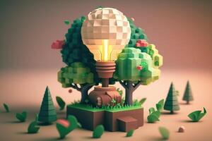 3D environment and Earthday concept. the lightbulb has a tree inside it. Lightbulb with a tree growing on it. The ecological notion of saving the earth with green energy. photo