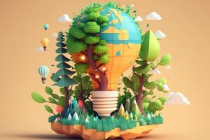 3D environment and Earthday concept. the lightbulb has a tree inside it. Lightbulb with a tree growing on it. The ecological notion of saving the earth with green energy. photo