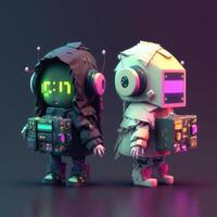 A portrait of cute cyberpunk robots. Big IT specialist robot with a hand wrench and a small robotic cyborg. photo