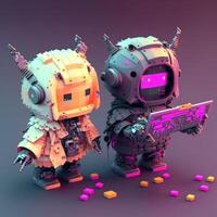 A portrait of cute cyberpunk robots. Big IT specialist robot with a hand wrench and a small robotic cyborg. photo