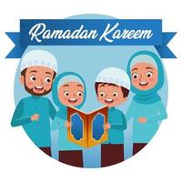 Illustration or vector of a moslem family reading the Quran together, welcomed the arrival of the month of Ramadan. Ramadan Kareem.