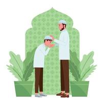 a Muslim boy is kissing his father's hand while his father's otjer hand strokes the child's head, with Islamic theme background. vector