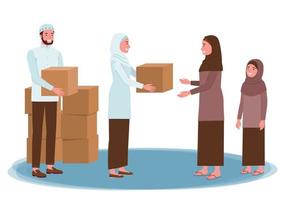 a Muslim man and woman distributing boxes containing donations for another Muslim woman. vector