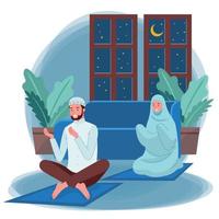 A pair of Muslim women and men are doing their Nightly prayer or Tarawih at night inside their homes. Laylat al-Qadr. Night of Decree. Night of Power. vector