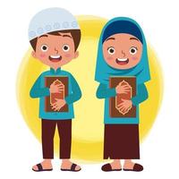 a happy Muslim boy and girl smiling while carrying or hugging the Qur'an vector