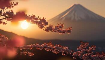 view of Mount Fuji with cherry blossom, and flowers at the lake in japan. Mount Fuji with cherry blossom, flowers at the lake in japan fuji mountain at viewpoint. photo