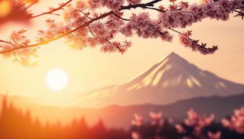view of Mount Fuji with cherry blossom, and flowers at the lake in japan. Mount Fuji with cherry blossom, flowers at the lake in japan fuji mountain at viewpoint. photo
