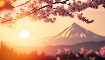 view of Mount Fuji with cherry blossom, and flowers at the lake in japan. Mount Fuji with cherry blossom, flowers at the lake in japan fuji mountain at viewpoint. photo