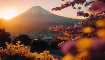 view of Mount Fuji with cherry blossom, and flowers at the lake in japan. Mount Fuji with cherry blossom, flowers at the lake in japan fuji mountain at viewpoint. photo