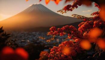 view of Mount Fuji with cherry blossom, and flowers at the lake in japan. Mount Fuji with cherry blossom, flowers at the lake in japan fuji mountain at viewpoint. photo