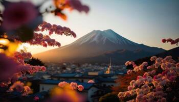 view of Mount Fuji with cherry blossom, and flowers at the lake in japan. Mount Fuji with cherry blossom, flowers at the lake in japan fuji mountain at viewpoint. photo