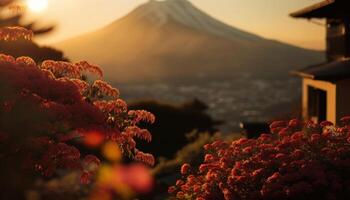 view of Mount Fuji with cherry blossom, and flowers at the lake in japan. Mount Fuji with cherry blossom, flowers at the lake in japan fuji mountain at viewpoint. photo