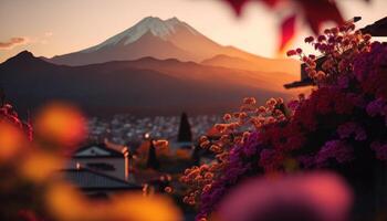 ver de montar fuji con Cereza florecer, y flores a el lago en Japón. montar fuji con Cereza florecer, flores a el lago en Japón fuji montaña a punto de vista. generativo ai foto