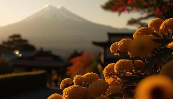 view of Mount Fuji with cherry blossom, and flowers at the lake in japan. Mount Fuji with cherry blossom, flowers at the lake in japan fuji mountain at viewpoint. photo