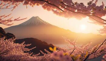 view of Mount Fuji with cherry blossom, and flowers at the lake in japan. Mount Fuji with cherry blossom, flowers at the lake in japan fuji mountain at viewpoint. photo