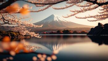 view of Mount Fuji with cherry blossom, and flowers at the lake in japan. Mount Fuji with cherry blossom, flowers at the lake in japan fuji mountain at viewpoint. photo