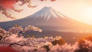 view of Mount Fuji with cherry blossom, and flowers at the lake in japan. Mount Fuji with cherry blossom, flowers at the lake in japan fuji mountain at viewpoint. photo