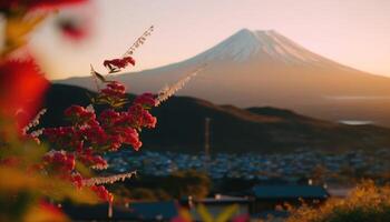 view of Mount Fuji with cherry blossom, and flowers at the lake in japan. Mount Fuji with cherry blossom, flowers at the lake in japan fuji mountain at viewpoint. photo