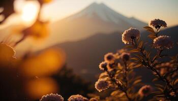 view of Mount Fuji with cherry blossom, and flowers at the lake in japan. Mount Fuji with cherry blossom, flowers at the lake in japan fuji mountain at viewpoint. photo