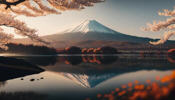 view of Mount Fuji with cherry blossom, and flowers at the lake in japan. Mount Fuji with cherry blossom, flowers at the lake in japan fuji mountain at viewpoint. photo