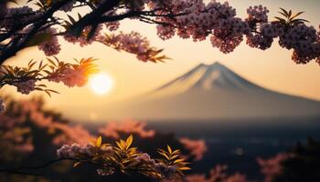 ver de montar fuji con Cereza florecer, y flores a el lago en Japón. montar fuji con Cereza florecer, flores a el lago en Japón fuji montaña a punto de vista. generativo ai foto