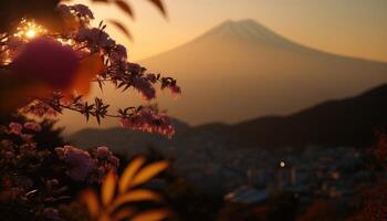 view of Mount Fuji with cherry blossom, and flowers at the lake in japan. Mount Fuji with cherry blossom, flowers at the lake in japan fuji mountain at viewpoint. photo