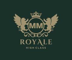 Golden Letter MM template logo Luxury gold letter with crown. Monogram alphabet . Beautiful royal initials letter. vector