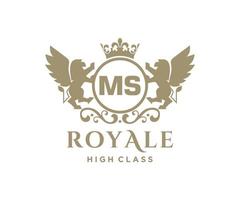 Golden Letter MS template logo Luxury gold letter with crown. Monogram alphabet . Beautiful royal initials letter. vector