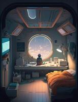 Illustration cartoon design of a crowded astronaut's sitting bedroom in the spaceship and looking outside to the space view. spaceman sitting bedroom in spaceship. Non-existent person. photo