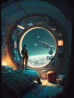 Illustration cartoon design of a crowded astronaut's sitting bedroom in the spaceship and looking outside to the space view. spaceman sitting bedroom in spaceship. Non-existent person. photo