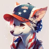 illustration cute dog wearing an American flag hat. independence day 4th of July dog. Cute baby dog in hat. photo